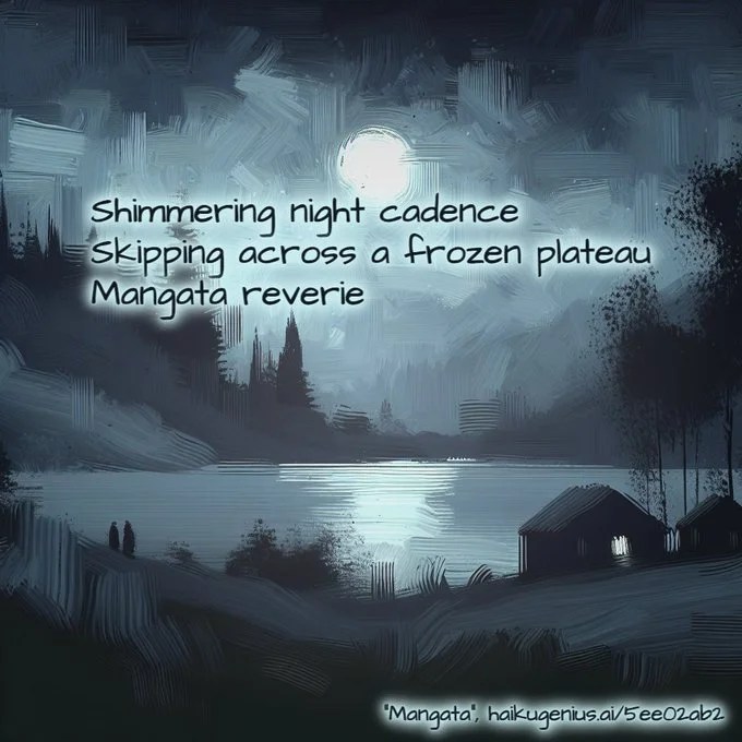 A serene night landscape featuring a moonlit scene over a lake, accompanied by trees and a small cabin, with the text of a haiku overlayed.