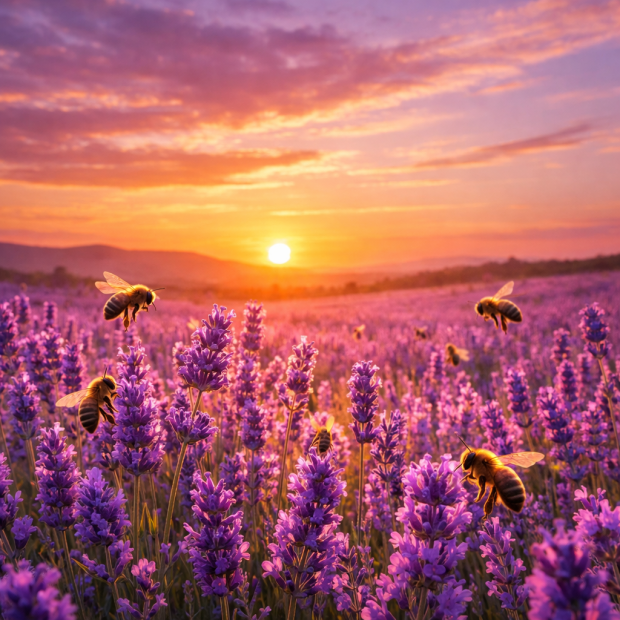 Bees pollinating purple lavender flowers in a field at sunset