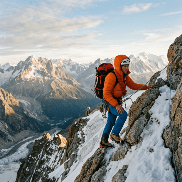 Person climbing alpine mountain peak