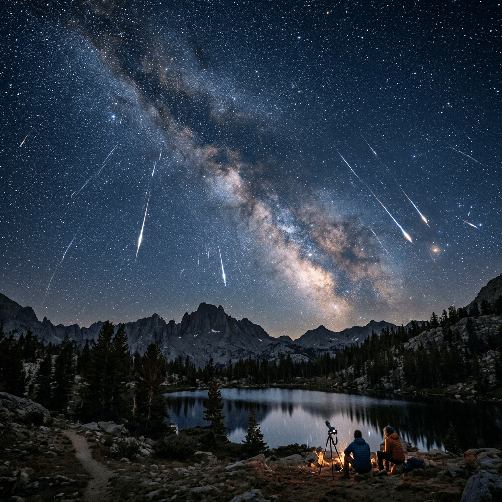 Meteor shower and Milky Way over lake with two people by campfire and telescope