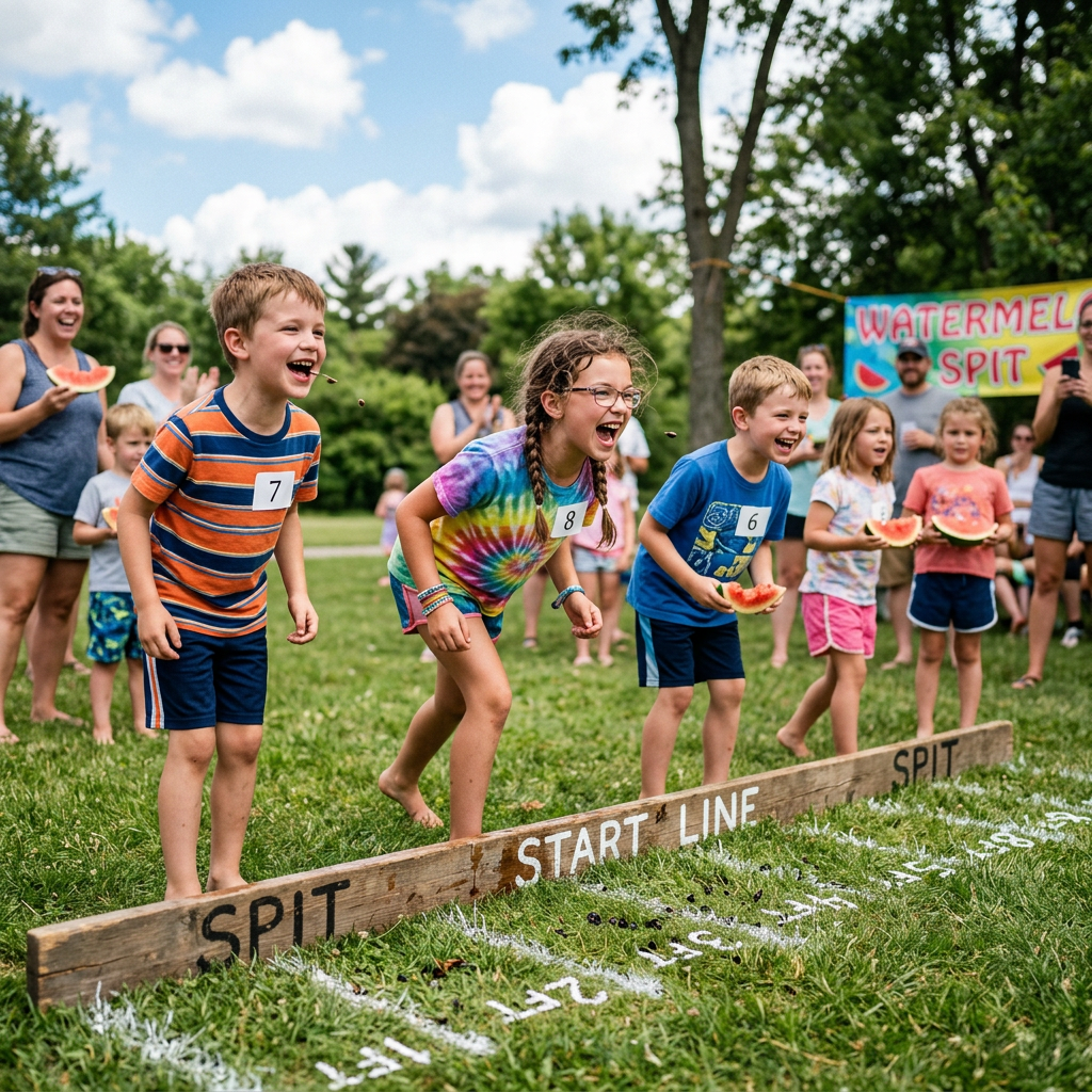Children spitting watermelon seeds across a start line during a seed spit contest
